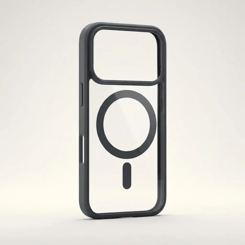 Apple iPhone clear protective case with a black shockproof frame, transparent back, and visible MagSafe ring