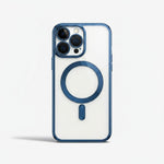 Apple iPhone clear case with a transparent back, blue reinforced edges and a matching magnetic ring