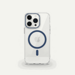 Apple iPhone in a clear slim case with a blue MagSafe ring and raised camera lens edges