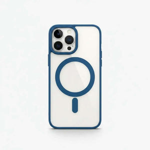 Apple iPhone case with a clear back, blue protective edges and a matching MagSafe ring and alignment bar.