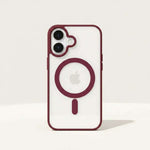 Apple iPhone clear magnetic case with burgundy edges, matching MagSafe ring and pill, and dual camera cutouts