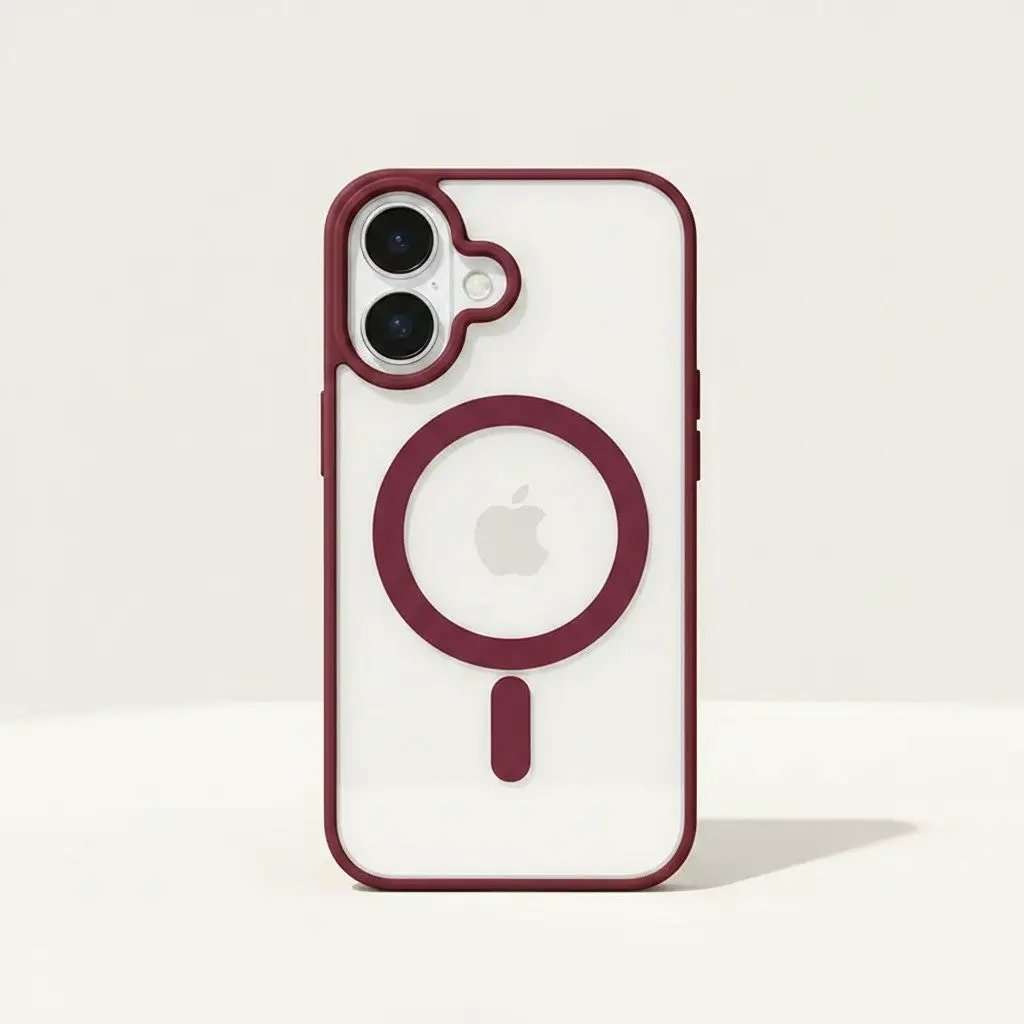 Apple iPhone clear magnetic case with burgundy edges, matching MagSafe ring and pill, and dual camera cutouts