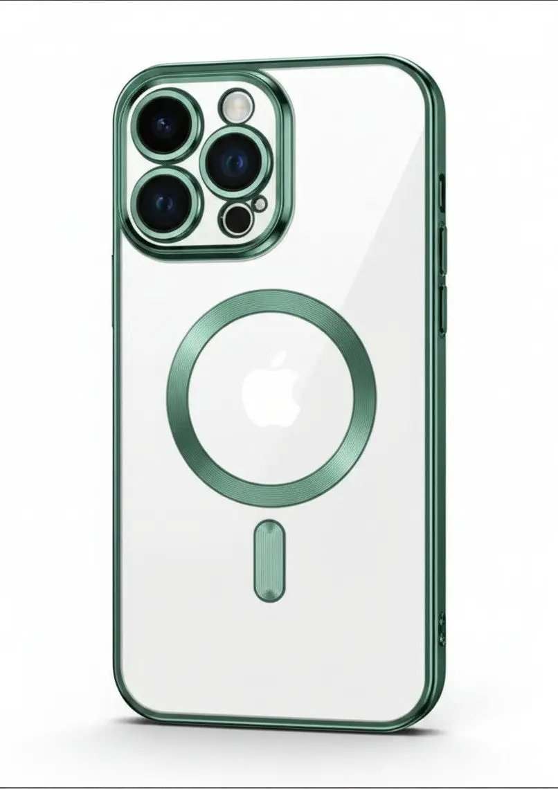 Apple iPhone case with a clear back, dark green edges, MagSafe ring and raised triple-camera lens protection