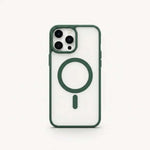 Apple iPhone case with a clear hard back, dark green raised edges, and a matching MagSafe ring and alignment bar