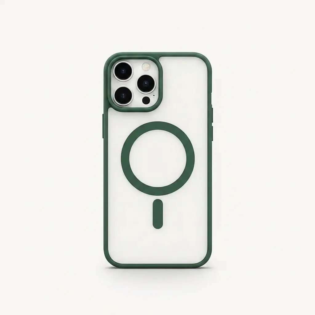 Apple iPhone case with a clear hard back, dark green raised edges, and a matching MagSafe ring and alignment bar