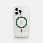 Apple iPhone clear case with a transparent plastic shell and dark green MagSafe ring and alignment bar
