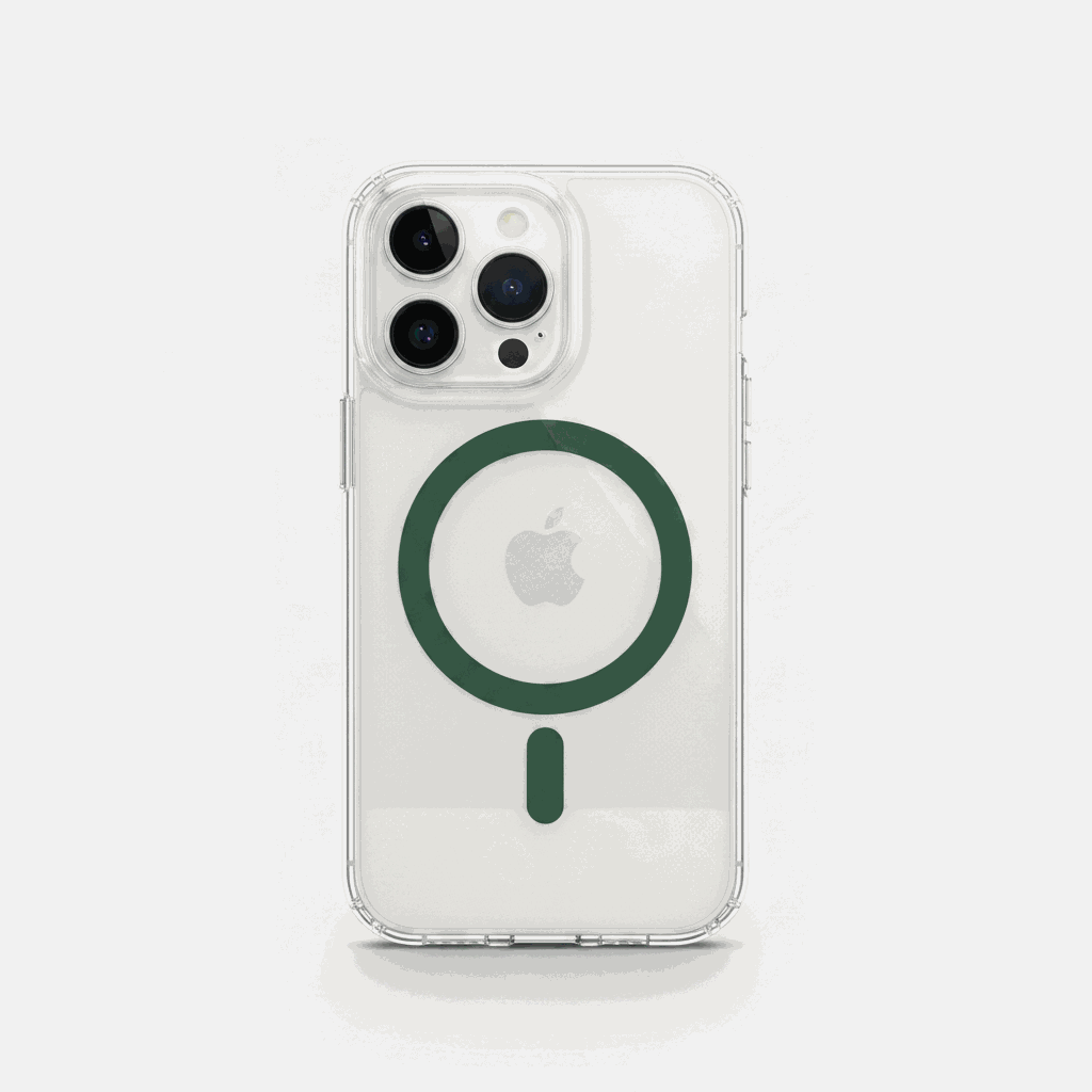Apple iPhone clear case with a transparent plastic shell and dark green MagSafe ring and alignment bar