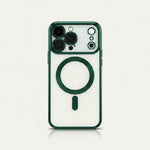 Apple iPhone clear case with dark green reinforced edges, triple camera cutouts and a matching MagSafe ring