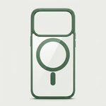 Apple iPhone clear protective case with a dark green frame, transparent back, and prominent MagSafe magnetic ring