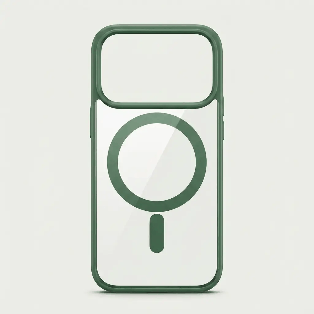 Apple iPhone clear protective case with a dark green frame, transparent back, and prominent MagSafe magnetic ring