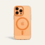 Apple iPhone in a clear case with an orange MagSafe ring, matching camera surround and slim transparent edges