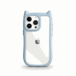 Apple iPhone case with a clear back, pale blue flexible bumper, raised cat ears and camera rim