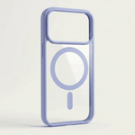 Apple iPhone clear protective case with a transparent back, pale blue shockproof frame, and visible MagSafe ring
