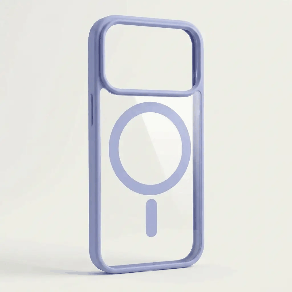 Apple iPhone clear protective case with a transparent back, pale blue shockproof frame, and visible MagSafe ring