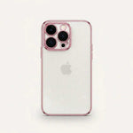 Apple iPhone case with a clear back and slim pink electroplated bumper, featuring a raised protective camera surround