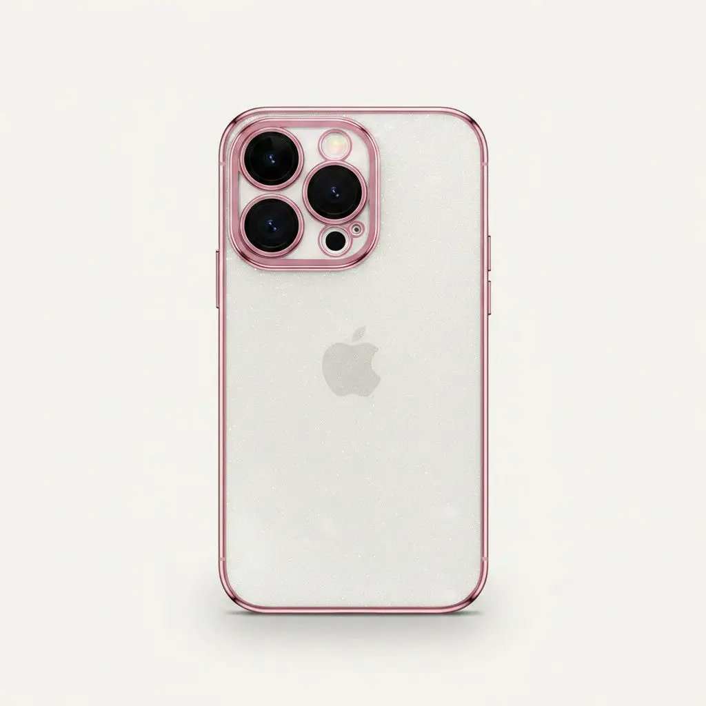 Apple iPhone case with a clear back and slim pink electroplated bumper, featuring a raised protective camera surround