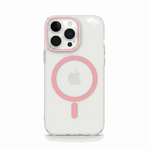 Apple iPhone case in clear transparent material with a pink MagSafe ring and matching raised camera surround