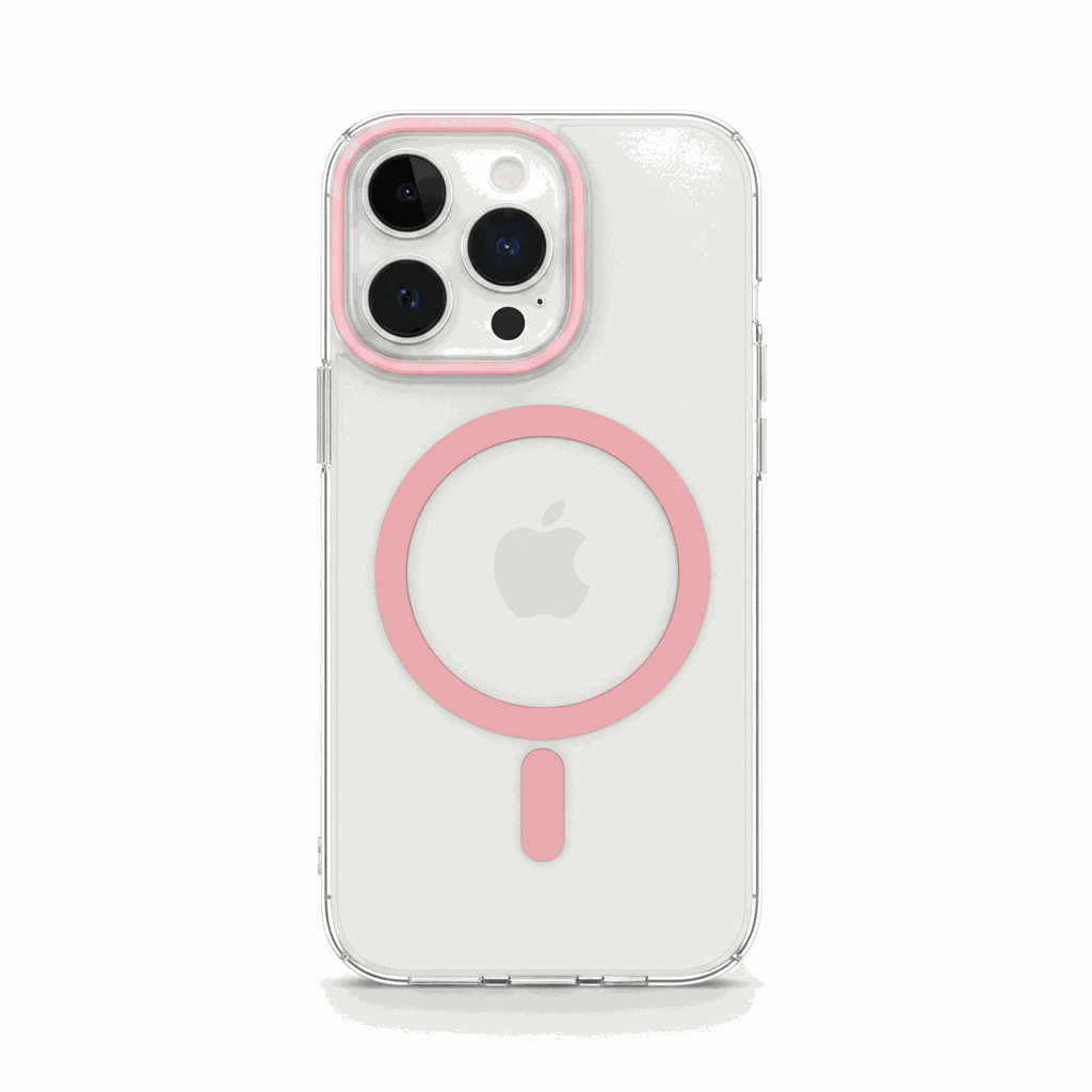 Apple iPhone case in clear transparent material with a pink MagSafe ring and matching raised camera surround