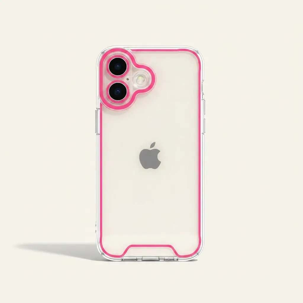 Apple iPhone case with a clear flexible shell, bright pink trim, and a raised dual-camera surround