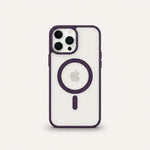 Apple iPhone case with a clear back, dark purple rigid edges, MagSafe ring, and raised triple-camera guard
