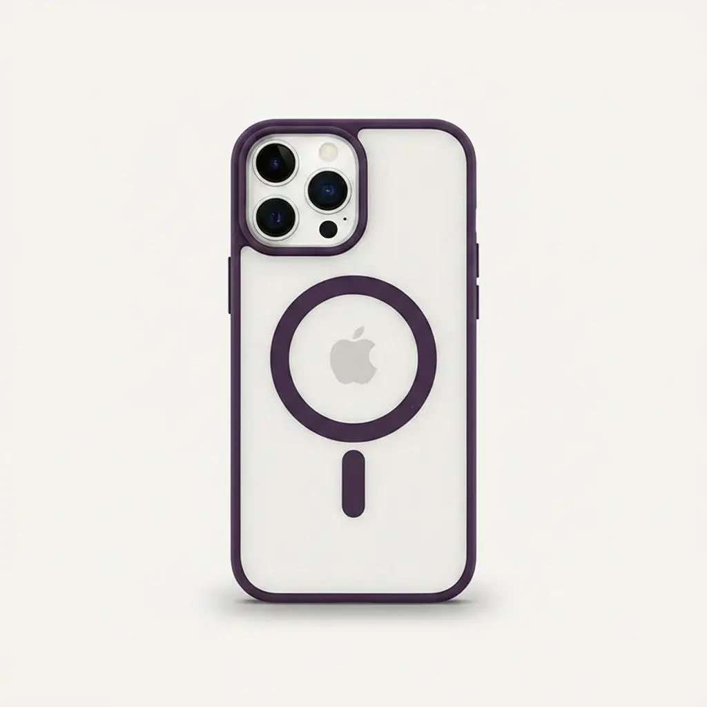 Apple iPhone case with a clear back, dark purple rigid edges, MagSafe ring, and raised triple-camera guard