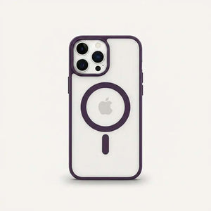 Apple iPhone case with a clear back, dark purple rigid edges, MagSafe ring, and raised triple-camera guard