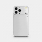 Apple iPhone case in clear transparent material with a raised camera lens guard and precise cutouts