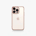 Apple iPhone case with a clear back, pale rose-gold bumper and raised camera surround showing the triple-lens design