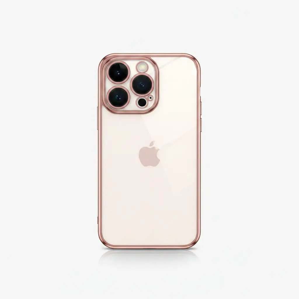 Apple iPhone case with a clear back, pale rose-gold bumper and raised camera surround showing the triple-lens design