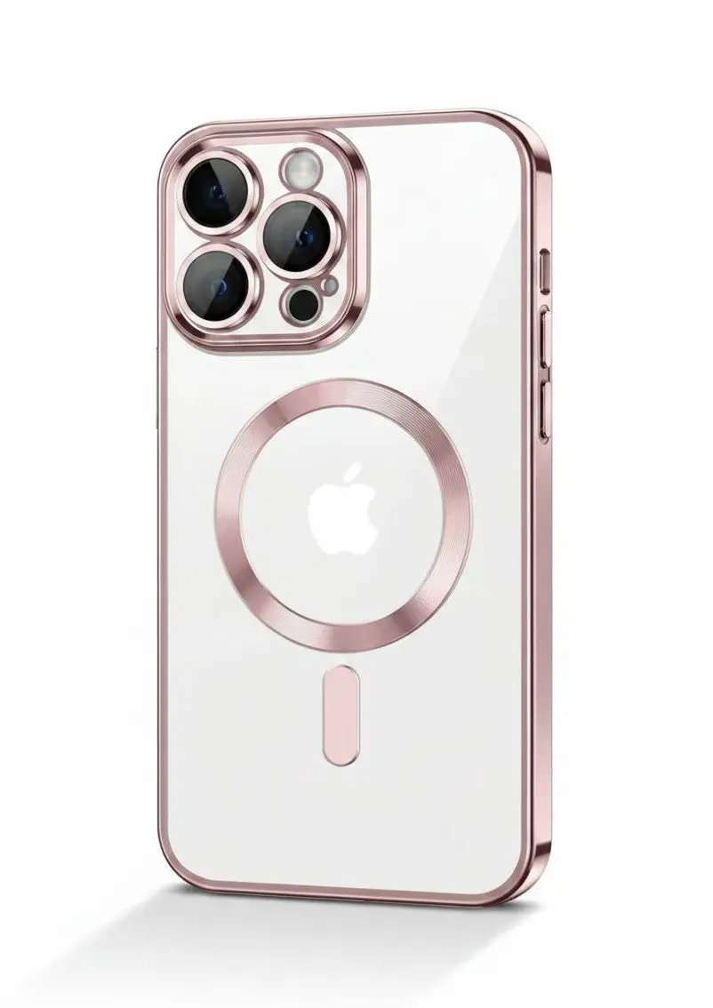 Apple iPhone case with a clear semi-transparent back, rose gold trim, MagSafe ring and raised camera lens guards