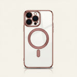 Apple iPhone clear case with rose-gold edges and matching MagSafe ring, transparent back, and raised camera surround