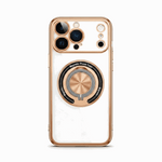 Apple iPhone case in clear white with rose gold trim, triple camera cutouts and a circular rotating ring holder