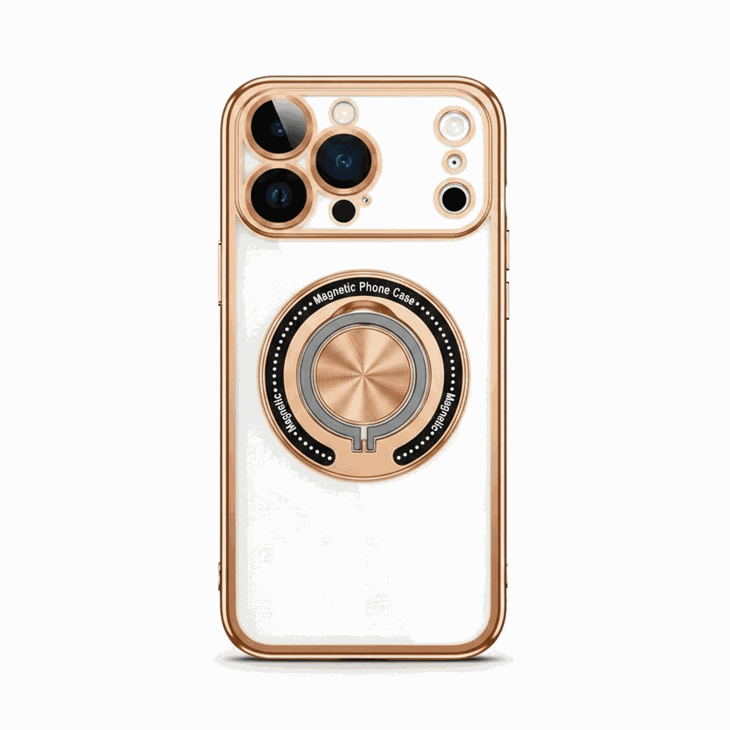 Apple iPhone case in clear white with rose gold trim, triple camera cutouts and a circular rotating ring holder