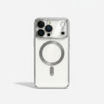 Apple iPhone clear case with a transparent back, silver magnetic ring, reinforced edges and raised camera cutout