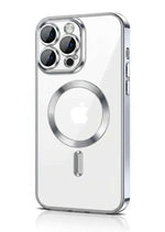 Apple iPhone clear semi-transparent case with silver edges, raised triple-lens camera guards and MagSafe ring