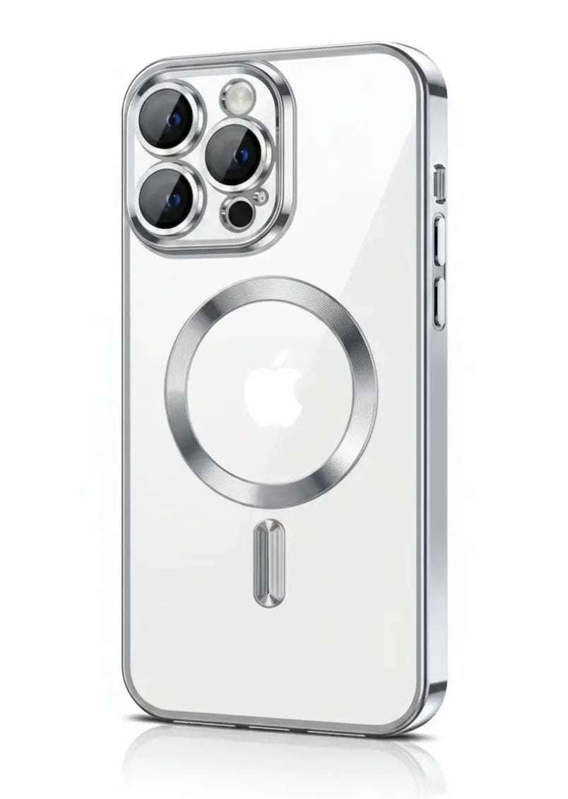 Apple iPhone clear semi-transparent case with silver edges, raised triple-lens camera guards and MagSafe ring