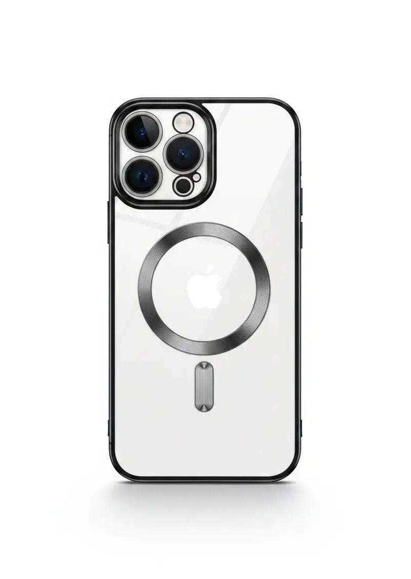 Apple iPhone case with a clear semi-transparent back, black edges, silver MagSafe ring and raised camera lens guards