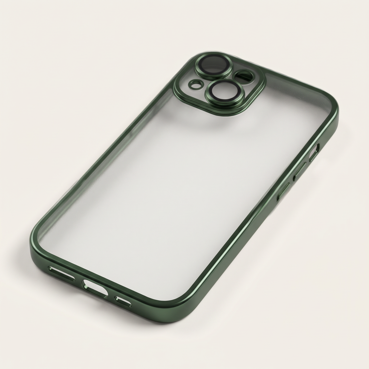 Apple iPhone - Clear Case with a transparent flexible shell, dark green edges, and raised camera lens protection