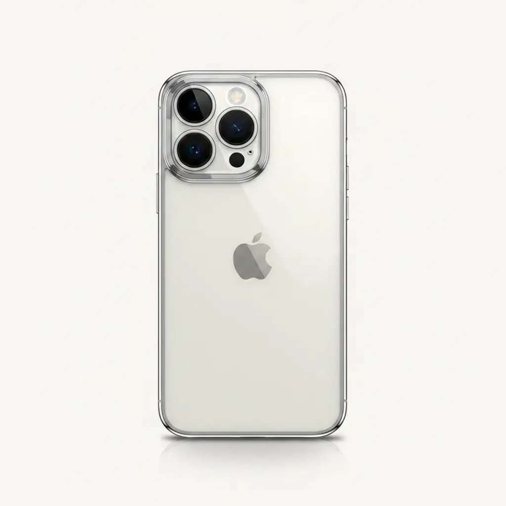 Apple iPhone - Clear Case in transparent flexible material, with a raised clear camera ring and open lens cutouts.