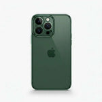 Apple iPhone - Clear Case, transparent slim shell with raised camera lens guard fitted on a dark green iPhone