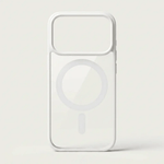 Apple iPhone clear protective case with a transparent back, white shockproof edge frame, and integrated MagSafe ring