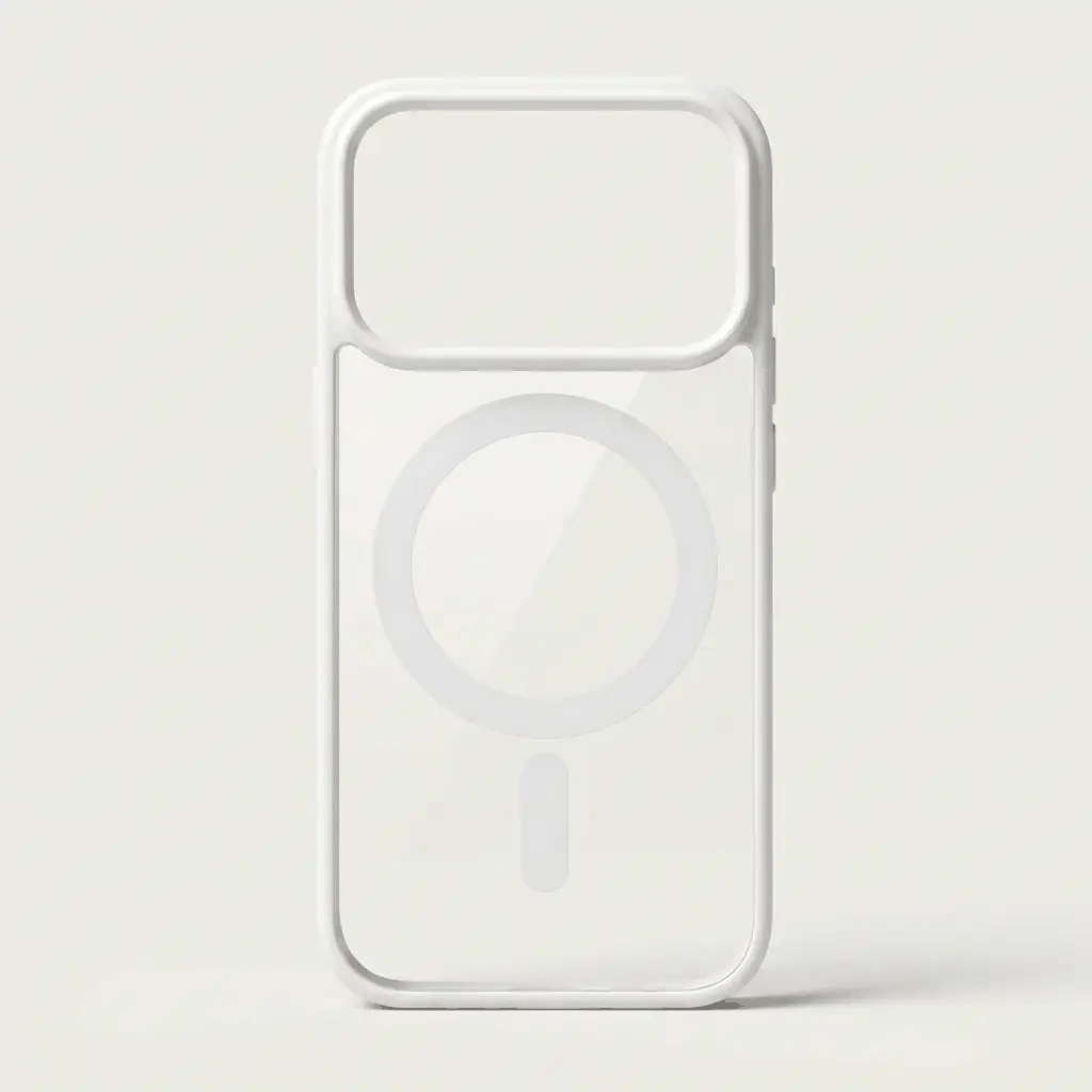 Apple iPhone clear protective case with a transparent back, white shockproof edge frame, and integrated MagSafe ring