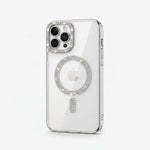 Apple iPhone case with a clear, slim bumper and sparkling crystal accents around the camera and MagSafe ring