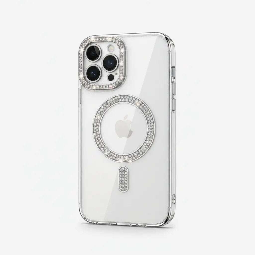 Apple iPhone case with a clear, slim bumper and sparkling crystal accents around the camera and MagSafe ring