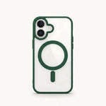 Apple iPhone clear magnetic case with dark green protective edges and matching MagSafe ring and alignment bar