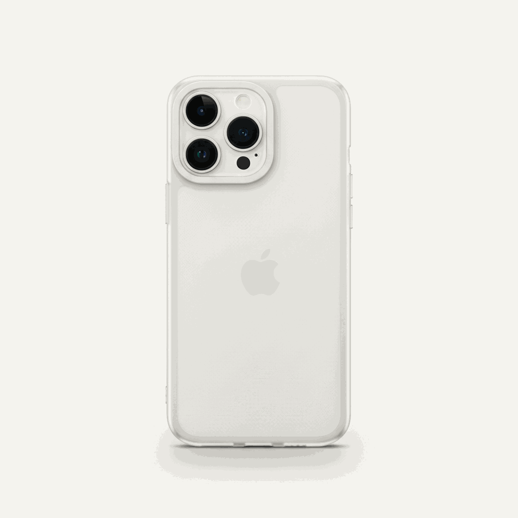 Apple iPhone in a clear frosted matte case with a slim profile and raised camera frame