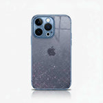 Apple iPhone case with a clear glittered back, blue-toned edges, and a raised protective camera surround