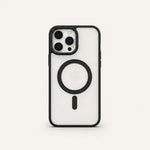 Apple iPhone case with a clear hard shell, black edges, and a bold MagSafe ring and alignment bar