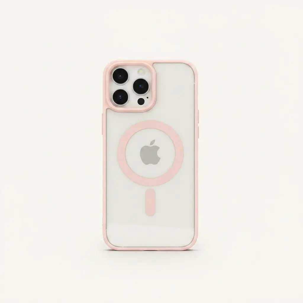 Apple iPhone in a clear hard case with pale pink edges, a pink MagSafe ring, and raised camera protection