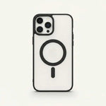 Apple iPhone clear hard MagSafe case with black edges, a raised camera rim and bold magnetic ring